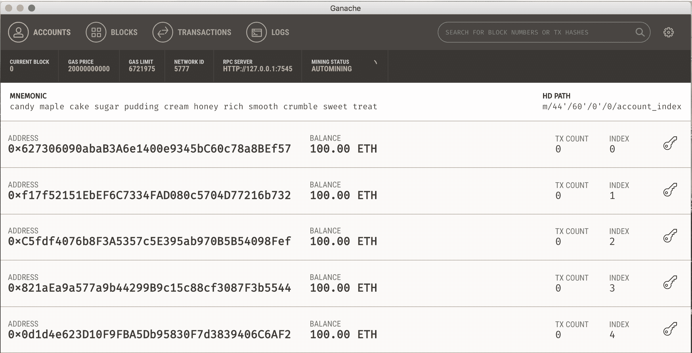 Opening Ganache Blockchain Client